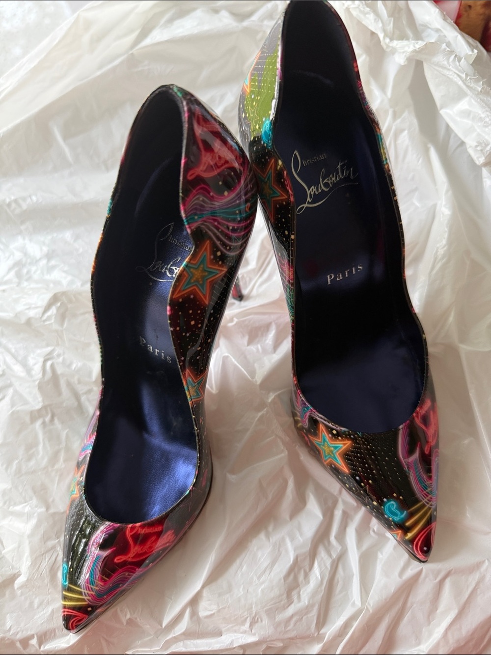 Christian Louboutin Black Multicolor Star & Swirl Pointed Toe Pumps